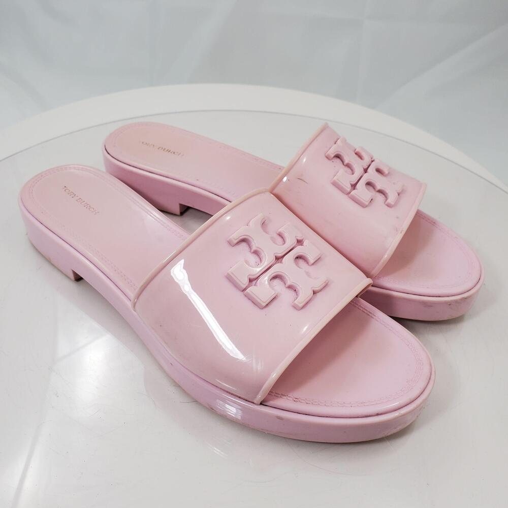 Tory Burch Jelly Sandals Women 12/42.5 Pink Logo Slide Damage Stains Shoes